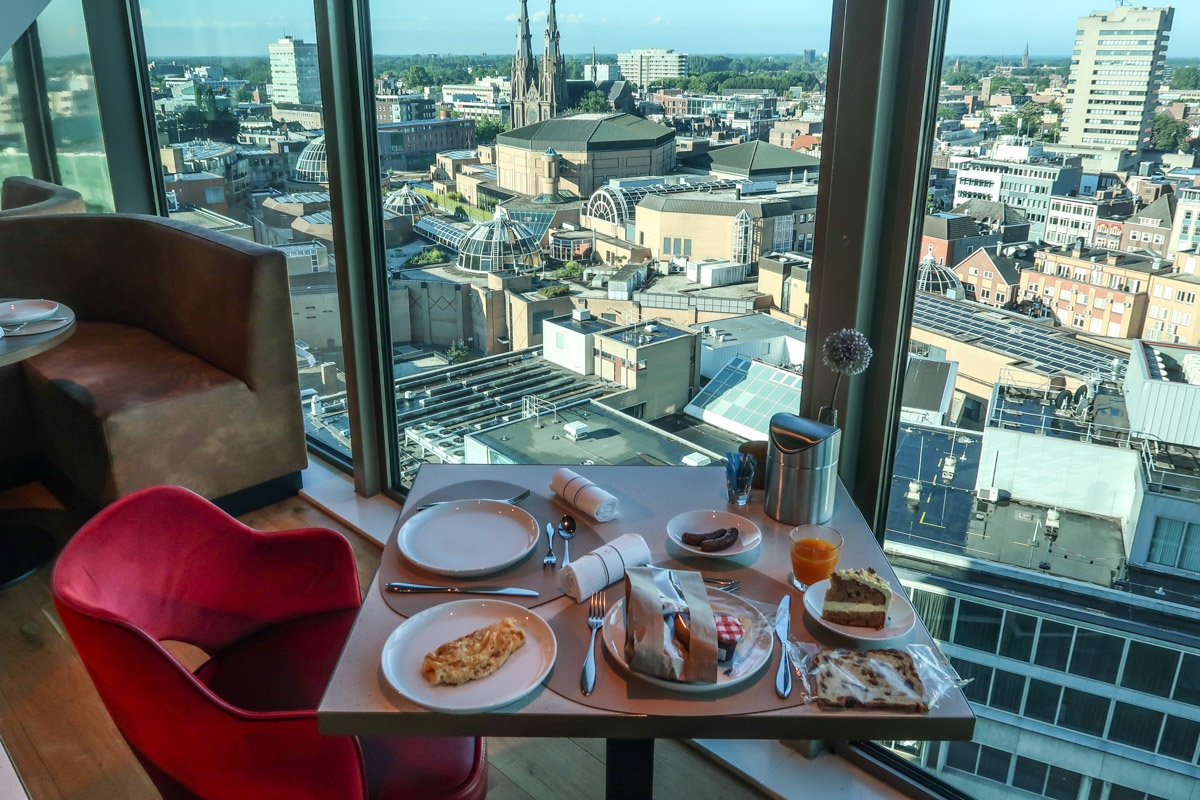 Sleek modern hotel room in a city center